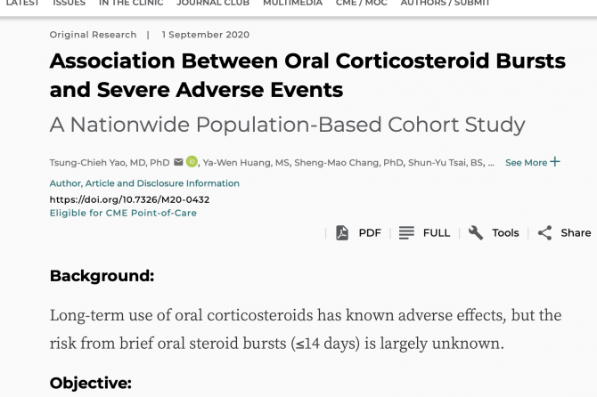 Severe Adverse Events Are Associated with Short Courses of Oral Corticosteroids? 皮质激素长期服用有害，短期如何？