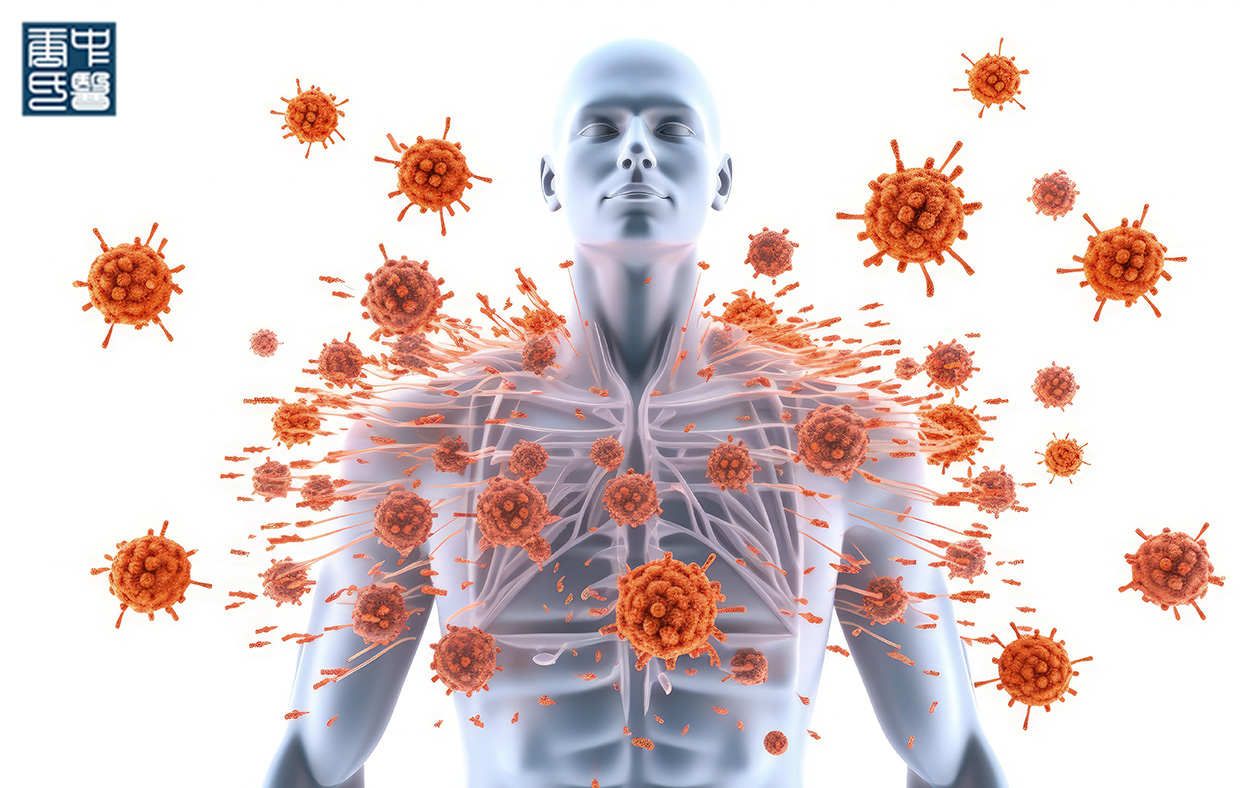 TCM view of viruses and pathogens attacking the human immune system.