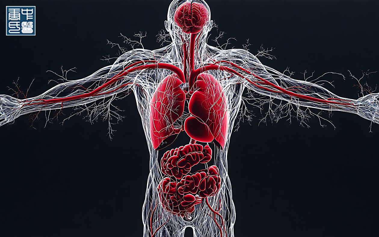 Medical illustration showing the human body's internal organs and blood vessels.